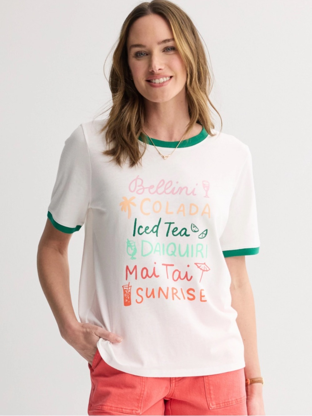 Sonoma White Tee with Green Trim and Multicolor Drinks size XXL